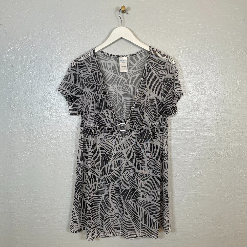Catalina Women Plus Size 1X Black White Leaf Pattern Swim Cover Up Mesh Dress